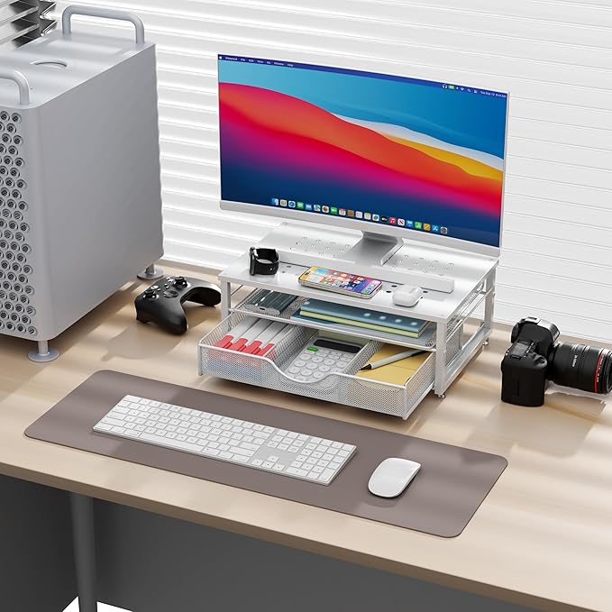 gianotter Computer Monitor Stand Riser, office organizer with Drawer, Office Organizers Storage for Classroom Office Supplies (White)