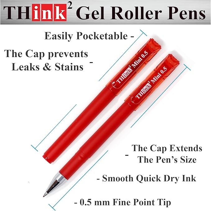 THINK2MASTER [24 Pens - Red Ink Think2 0.5mm Pocketable Mini Gel Pens. (24 Red) Fine Point Small Rollerball Pens with Smooth Quick Drying Ink.