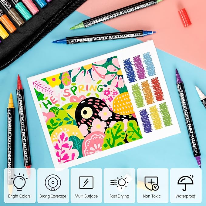 FUMILE 36 Colors Acrylic Paint Markers Dual Tip(Fine and Brush Tip), Acrylic Paint Pens paint Marker for Wood, Rock, Plastic, Glass, Ceramic, Canvas.Acrylic Markers Set for DIY Crafts and Art.