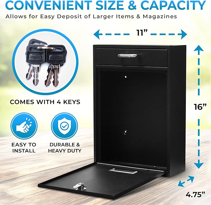 Wall Mounted Locking Vertical Dropbox Mailbox - Safe and Secure (Large) | Made with Galvanized Steel (Black)