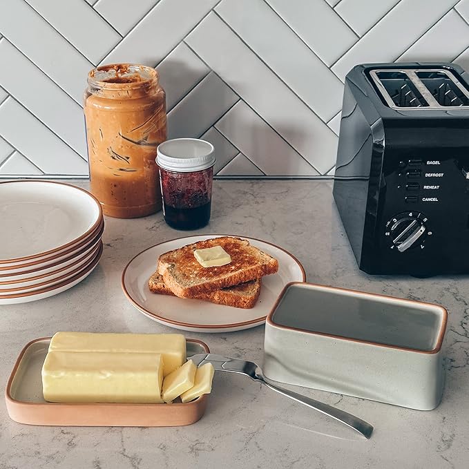 Mora Ceramic Two-in-One Butter Dish with Lid, Covered Butter Crock Container to Leave on Countertop - Large Storage Keeper/Holder for Kitchen, Gifts for Her, Butter Tray For Counter - Earl Grey