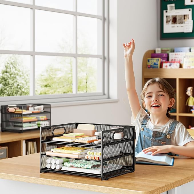 Subekyu 2-Pack 3-Tier Paper Letter Tray Organizer for Desk, Black Metal Mesh File Sorter Organizer with Handle and 1 PC Sliding Tray for Home Office School Desk Supplies Organization Storage