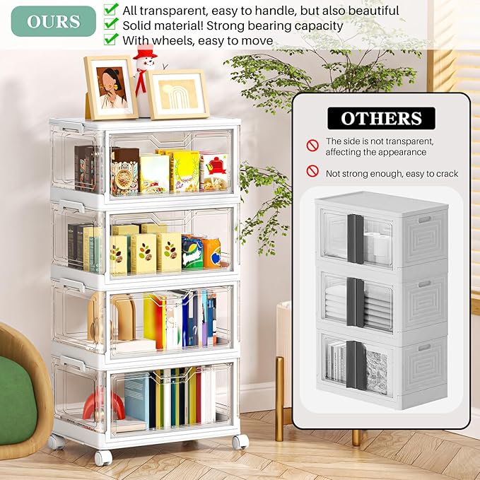 Clear Storage Bins with Lids,4 Tier Plastic Bins with Wheels,Stackable Storage Bin,Closet Organizers Box for Bedroom,Living Room,Toy,23 QT Folding Box with Magnetic door