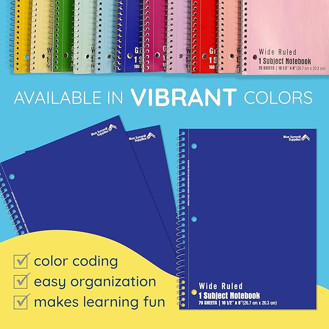 Blue Summit Blue Wide Ruled Spiral Notebooks Bulk, 1 Subject Spiral Notebook Wide Ruled, Paper School Bulk Notebooks, 48 Pack