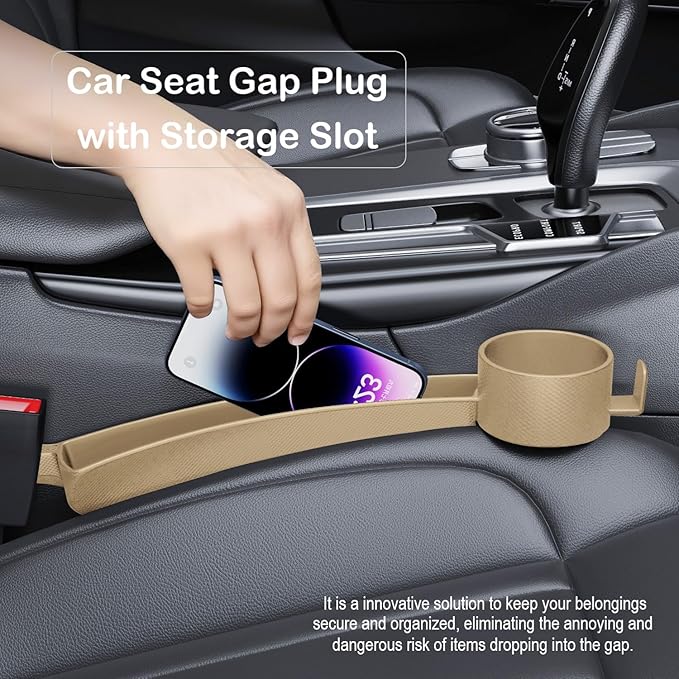 Car Seat Gap Plug with Storage Slot, Auto Gap Filler Organizer with Cup Holder, Universal Carseat Side Gap Filler Strip 2 Pack Between Front Seats & Console, Anti-Drop Pad with Seatbelt Holes, Beige