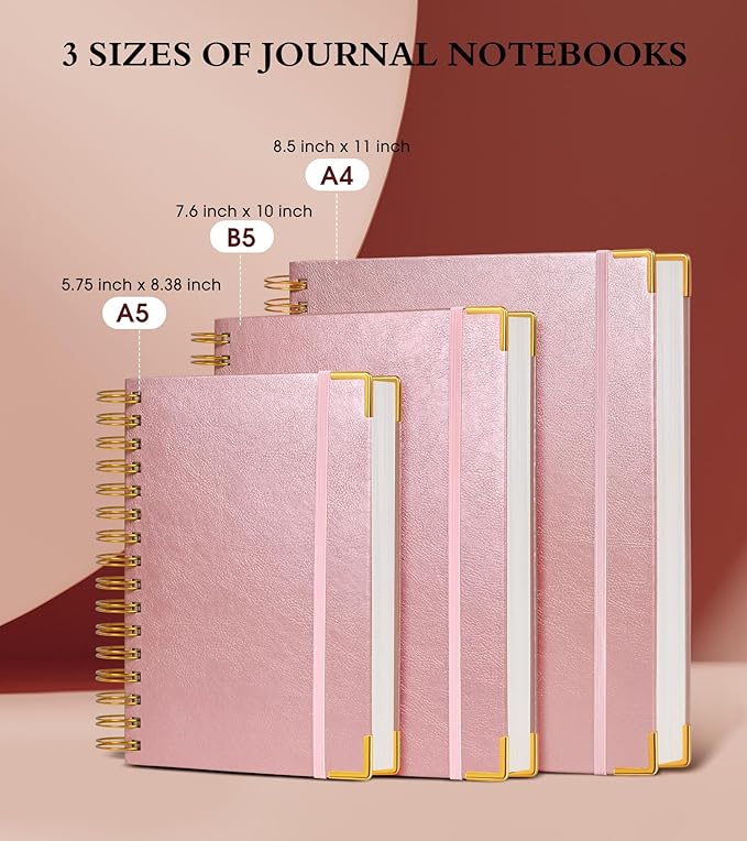 Spiral Notebook Journal 5.75” x 8.38”, 300 Pages Hardcover Leather Lined Journals for Women Men, A5 Small College Ruled Notebooks with 100 GSM Thick Paper, Spiral Journal for Writing Work School, Pink