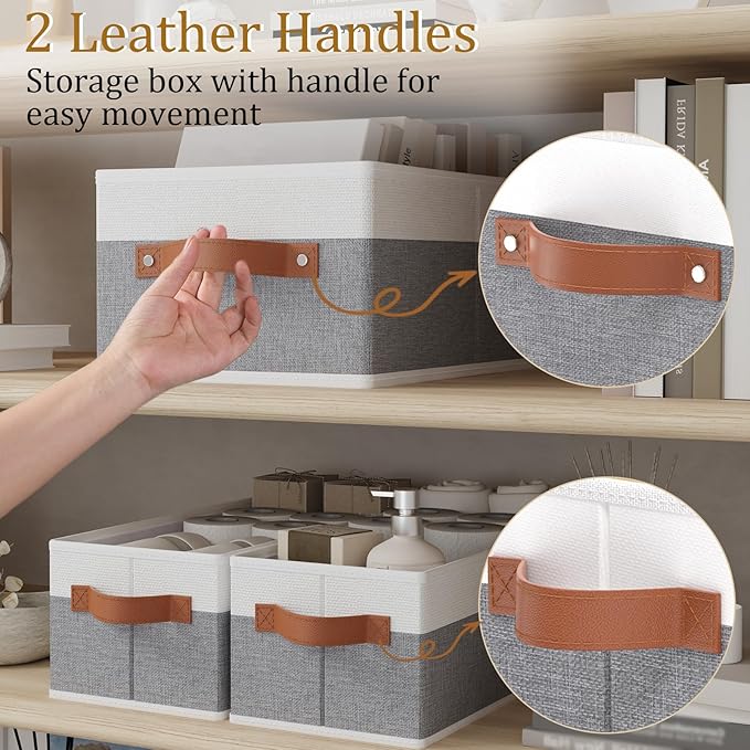 OUTBROS Storage Bins,Foldable Storage Baskets for Organizing,Fabric Storage Boxes With Handles,For bedrooms, living rooms, Shelves,Gray/White,15x6.1x5.1in,3-Pack