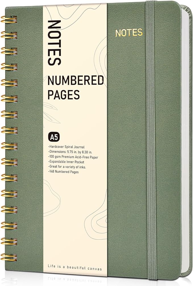 Lined Spiral Journal Notebook, A5 Hardcover Spiral Journals for Women Men, 150 Numbered Pages Spiral Bound Notebook, 100 GSM College Ruled Notebooks for Writing Note Taking 5.75" x 8.38", Sage Green