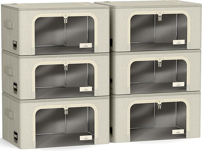 Sorbus Storage Bins with Metal Frame - Stackable & Foldable Clothes Organizer Bags - Oxford Fabric Storage Containers with Large Clear Window & Carry Handles, Bedroom Organization for Bedding & Linen