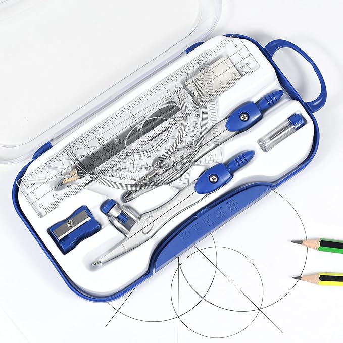 10 Pieces Math Geometry Kit Set Student Supplies with Shatterproof Storage Box,Includes Rulers,Protractor,Compass,Eraser,Pencil Sharpener,Lead Refills,Pencil,for School and Drawings(Navy Blue)