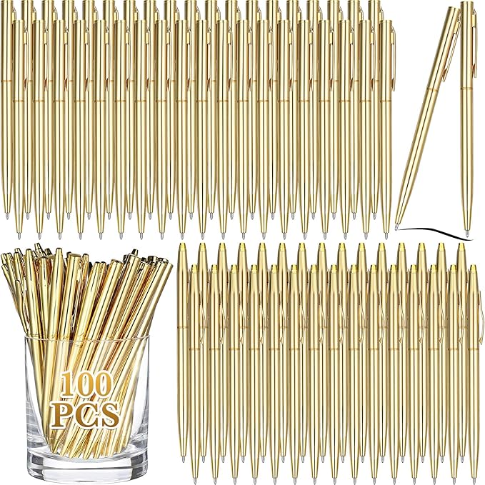 Fuutreo 100 Pack Wedding Gold Pens Bulk Gold Metal Pens Slim Ballpoint Retractable Ballpoint with Black Ink Mini Conical for Wedding Favors Guests, Office Business Teachers,1.0 mm