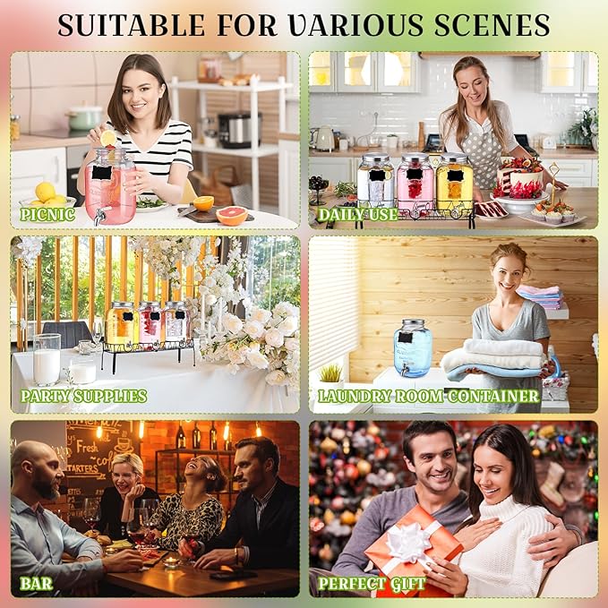 Lallisa 3 Pcs 2 Gallon Glass Drink Dispenser with Stand and Lid Mason Jar Beverage Dispenser with Stainless Steel Spigot, Hanging Chalkboard Signs, Fruit Infuse, Ice Cylinder, Liquid Pen (Silver)