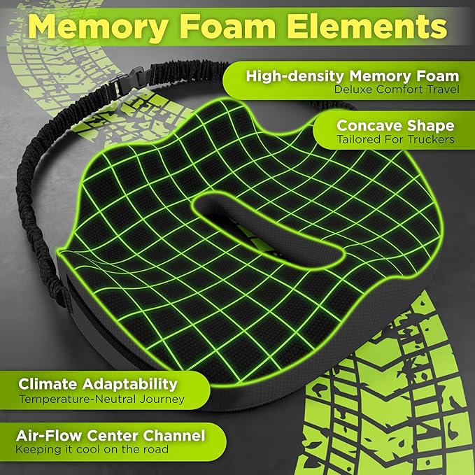 Large Truck Seat Cushion for Truck Driver Seat Cushion - Upgraded Back Support, CertiPUR-USยฎ Certified - Thick Memory Foam, Pain Relief for Hours of Driving, Trucker Approved Big Rig - Black