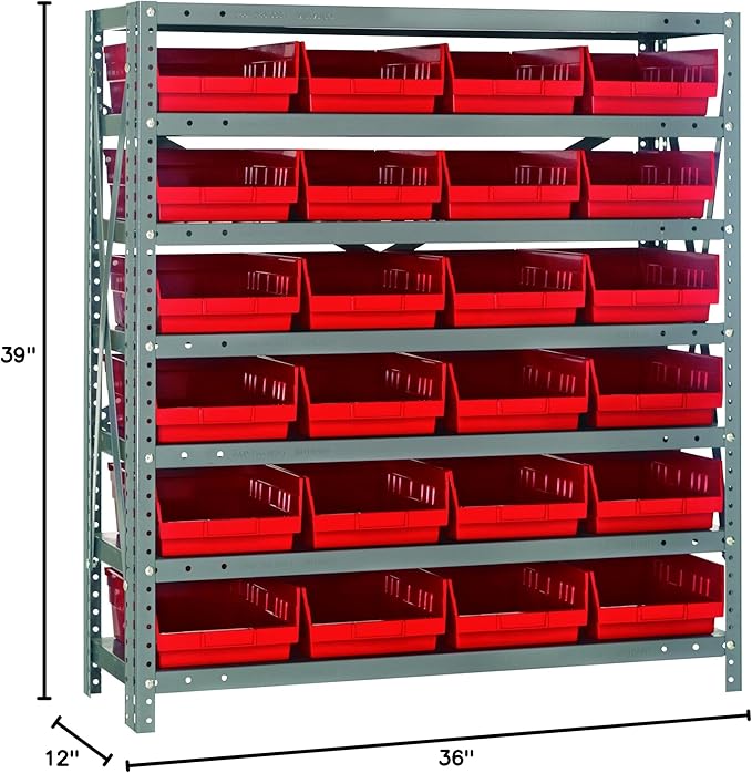 Quantum Storage Systems 1239-107RD Solid Heavy Duty 7 Shelves 24 Economy Red Bins 39" H x 36" W x 12" D