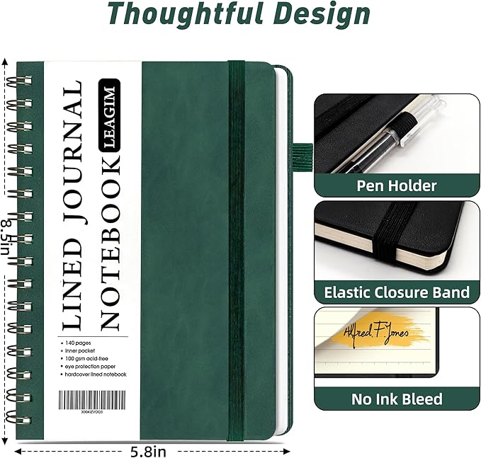 Lined Spiral Journal Notebook for Women & Men, College Ruled Hardcover Notebook for Work & Note Taking, Journals for Writing, 100 GSM, Business, School, 140 Pages, A5(5.8"x8.5") - Dark Green