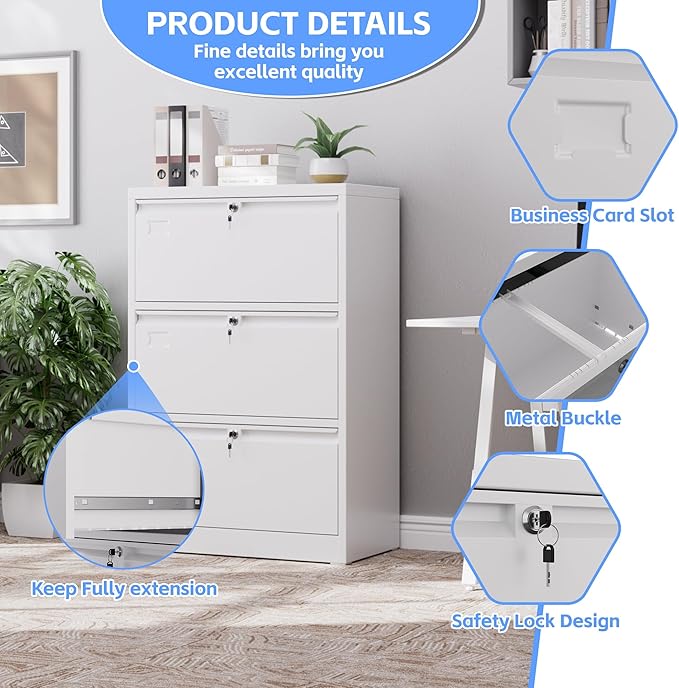 Metal 3 Drawer Lateral File Cabinet with 3 Lock - Wide Filing Cabinet for Letter/Legal/F4/A4 Hanging Files - Includes Business Card Holder,Home Office School Storage,White