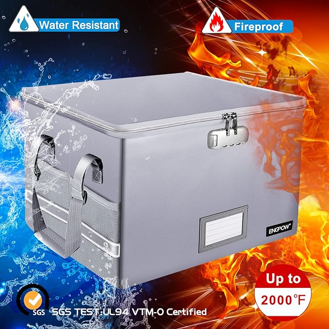 ENGPOW File Box with Lock, Fireproof Document Box with Zipper&Pockets, Collapsible File Organizer Filing Storage Cabinet with Handle, Portable Home Office Safe for Hanging Letter/Legal Folder,Silver