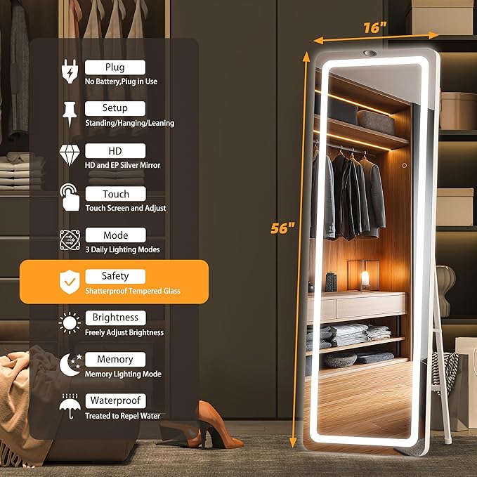 Hasipu Full Length Mirror with Lights, 56" x 16" LED Floor Mirror, Full Body Dressing Standing, Hanging Mounted Mirror for Living Room Bedroom Cloakroom, Round White