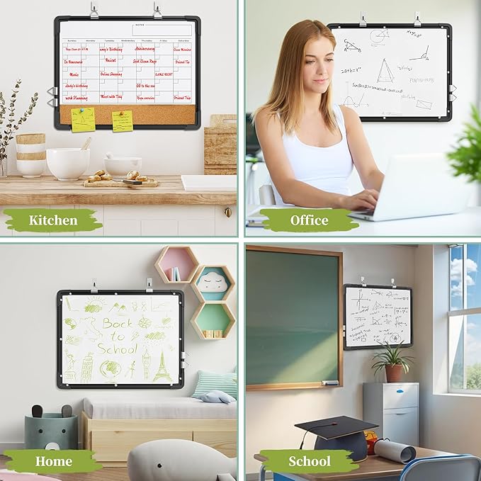 Dry Erase Calendar White Board for Wall, Polegas 17" X 13" Magnetic Whiteboard Dry Erase Cork Board Combination, Small Wall Monthly Double Sided Boards Student, Home, Office (Black)