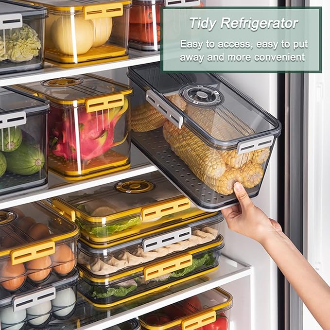 CottonColors Fridge Organizer, Food Storage Containers With Lids for Timer & Drain Board Stackable Refrigerator Organizers and Storage(Tall, Large, 4.5 L)