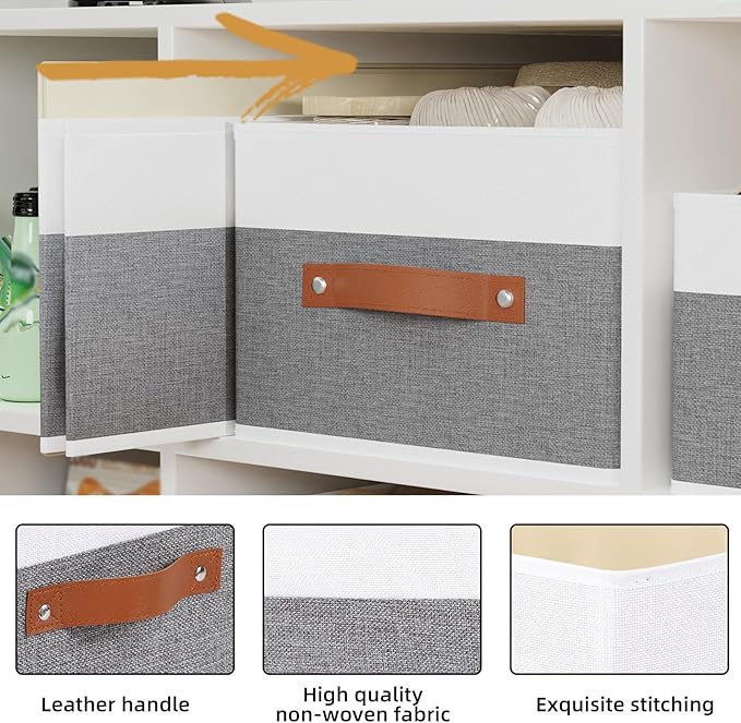 Clothing Storage Boxes, Drawer Organizers with Handles, Cube Organizer Bin for Organizing, 13 × 9.1 × 5.5 Inch, White and Grey, 6-Pack