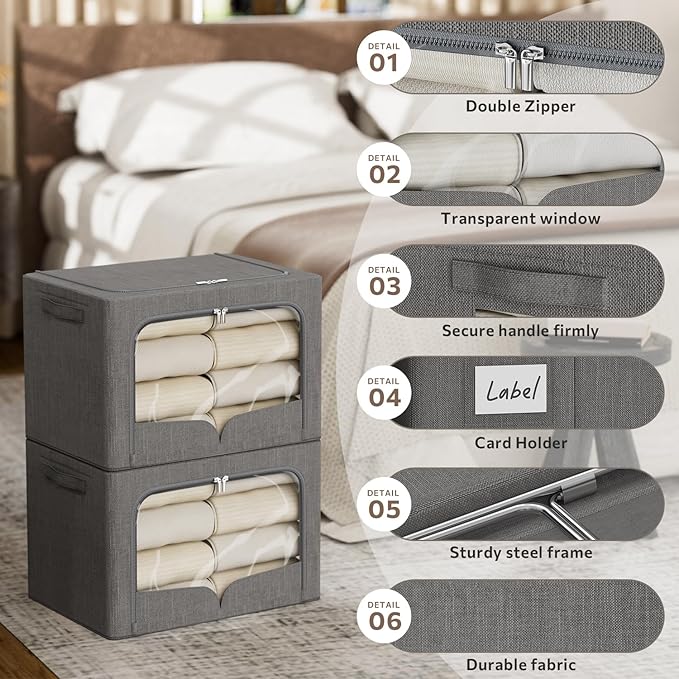 FHSQX 3 Pack Extra Large Clothes Storage Bins Foldable Metal Frame Storage Box Stackable Linen Fabric Organizer Set with Carrying Handles and Clear Window (Dark Gray, 23.6x16.5x15.7inch(100L))