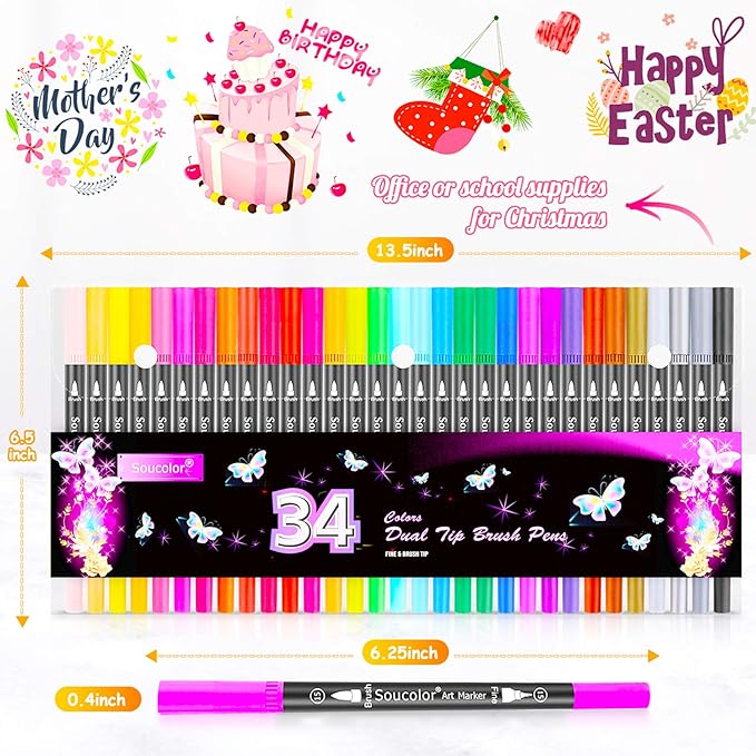 Soucolor Art Brush Markers Pens for Adult Coloring Books, Cute Preppy Stuff School Office Teacher Supplies, 34 Colors Dual Tip (Brush and Fine Point) Drawing Markers for Note Taking Journal Classroom