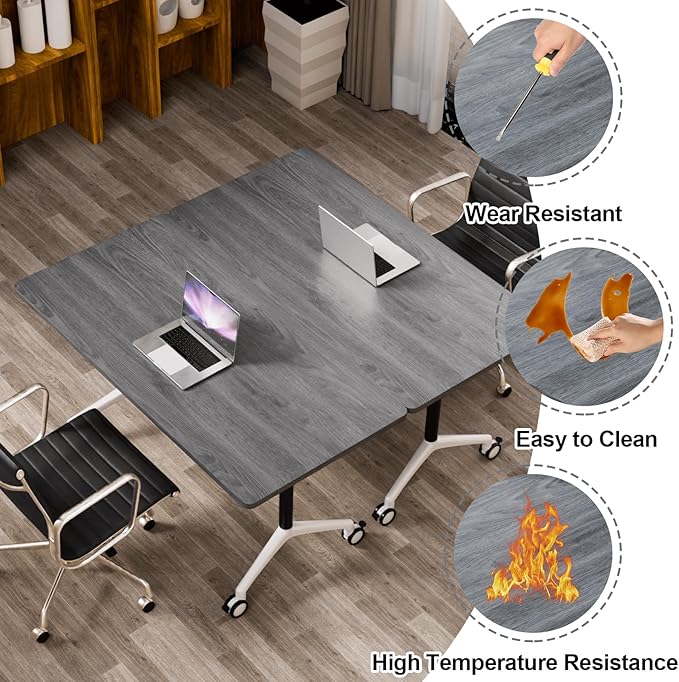 Folding Conference Table, Modern Large Conference Room Tables with Flip-Top Design, Foldable Conference Table Meeting Table with Wheels, Mobile Seminar Training Tables for Office Classroom (6, Oak)