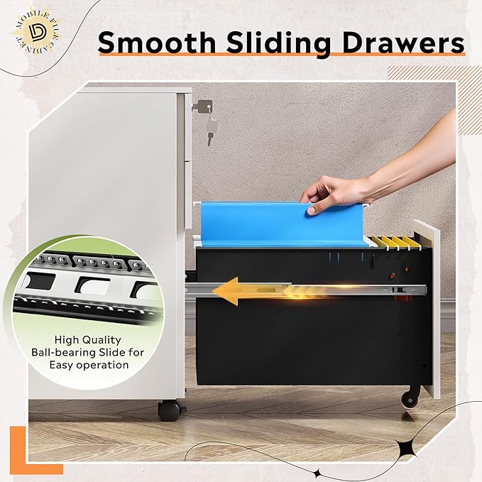 DEVAISE 3-Drawer Metal File Cabinet with Lock, Mobile Filing Cabinet Under Desk for Home Office, Fully Assembled Printer Stand fits A4/F4/Letter/Legal Size, White, 20" D x 15" W x 24" H