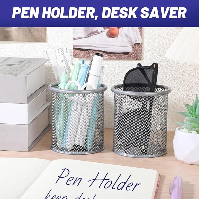 Segarty Pen Holder for Desk, 6 Pack Round Silver Pen Holder, Wire Mesh Pencil Cup Containers Set, Desktop Organizer for Office Supplies, School Classroom, Home, Makeup Brush
