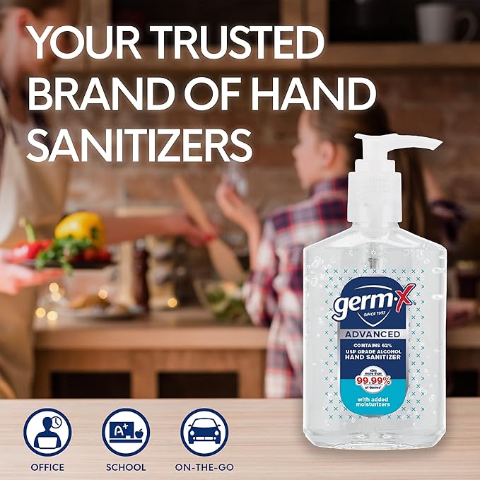 Germ-X Advanced Hand Sanitizer, Non-Drying Moisturizing Clear Gel, Instant and No Rinse Formula, Back to School Supplies College, Pump Bottle, 8 Fl Oz (Pack of 6)