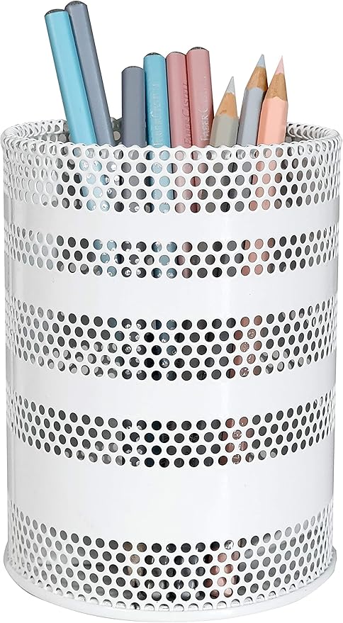 Metal Mesh Pen Pencil Cup Holder Stand Office Desk Organizer Stationery Caddy Makeup Brush Holder, White (Large)