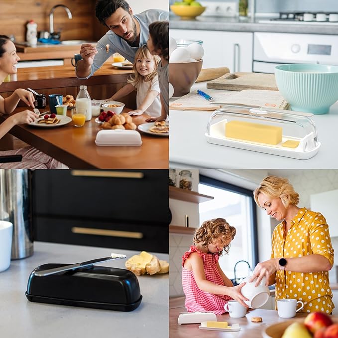 Butter Hub Butter Dish with Lid and Knife, Magnetic Butter Keeper, Easy Scoop, No Mess Lid, Plastic, Dishwasher Safe (White)