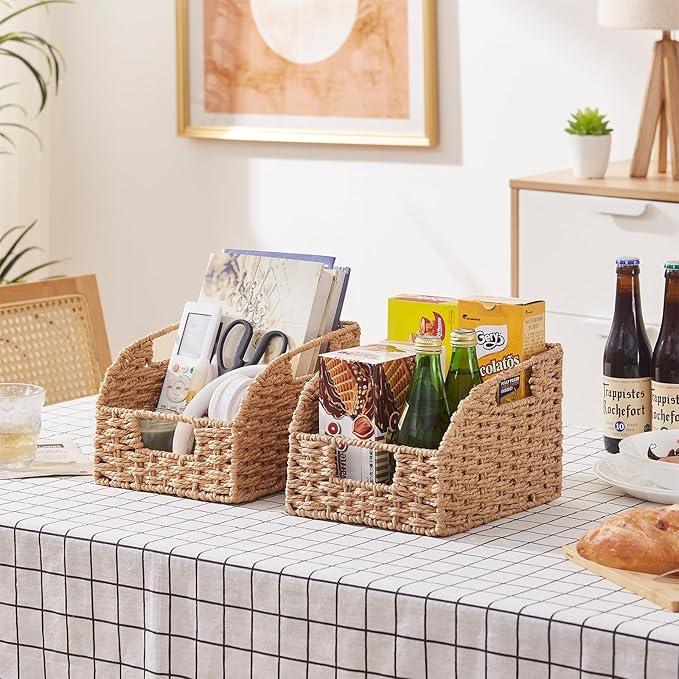 OIAHOMY Pantry Baskets for Organizing, Paper Rope Baskets with Built-in Handles, Wicker Storage Bins for Shelves, 2 Pack-Yellow