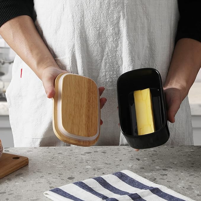 GDCZ Ceramics Butter Dish with Wooden Lid- Large Covered Butter Holder for Countertop, Butter Keeper Container Perfect for Holds 2X 4oz West/East Coast Butter, Black
