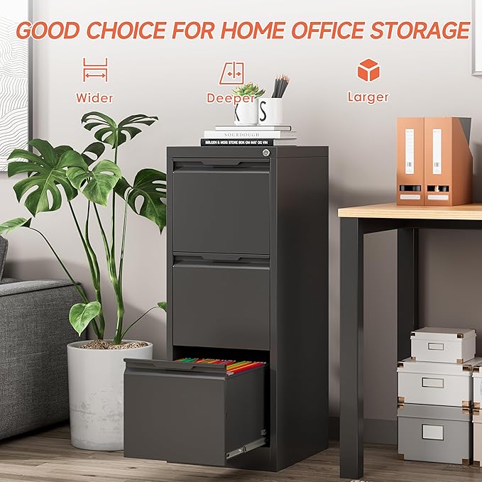 3 Drawer File Cabinet with Lock,Vertical Filing Cabinets for Home Office,Heavy Duty Metal File Cabinet for Hanging A4/Letter/Legal Size File,Vertical File Cabinet 15" W X 17.8" D X 38.3" H-Black