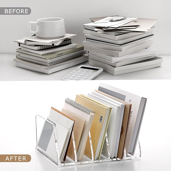 SANRUI Acrylic File Organizer for Desk, Clear 5-Section Vertical File Folder Holder Stand File Sorters, Mail Envelope Document Organization Rack Bookshelf for Office, Home, Classroom