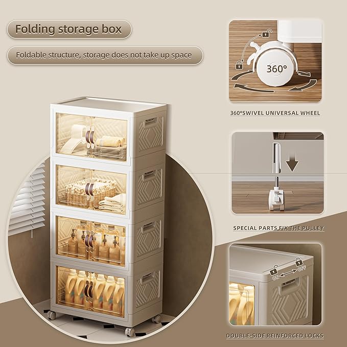 144 QT / 36 Gal Stackable Storage Bins (1 Lid) w/Wheels & Magnetic Doors, Collapsible Plastic Organizer Cabinet for Closet Office Garage - White Storage Containers