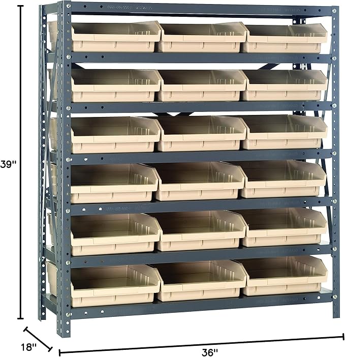 Quantum Storage Systems 1839-110IV Steel Shelving Unit with 4' Shelf Bins, 18' D x 36' W x 39' H, Ivory