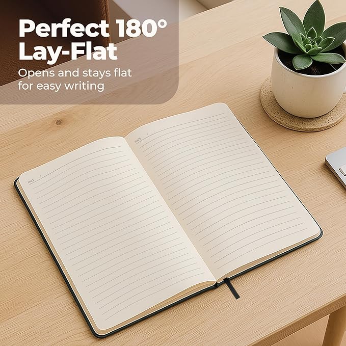 Lined Leather Bound Journal Notebook, A5 Hardcover - Black 5.8x8.3" - Thick 300 Pages College Ruled Paper Journals for Men and Women - Personal and Professional Note Book for Writing & Journaling