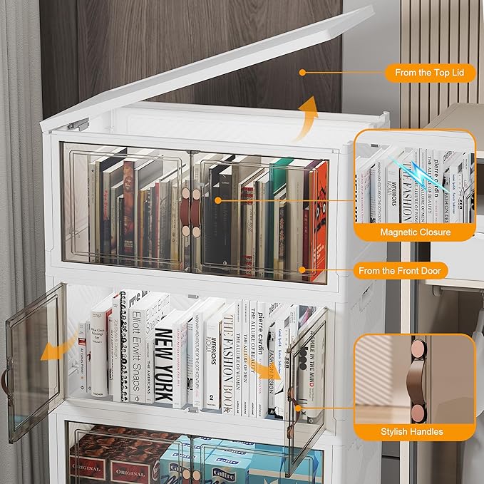 440Qt Stackable Storage Bins with Lids, 8 Pack Collapsible Bins with Wheels, Plastic Cabinet with Doors, Foldable Closet Organizers and Storage for Home, Dorm, Office, White