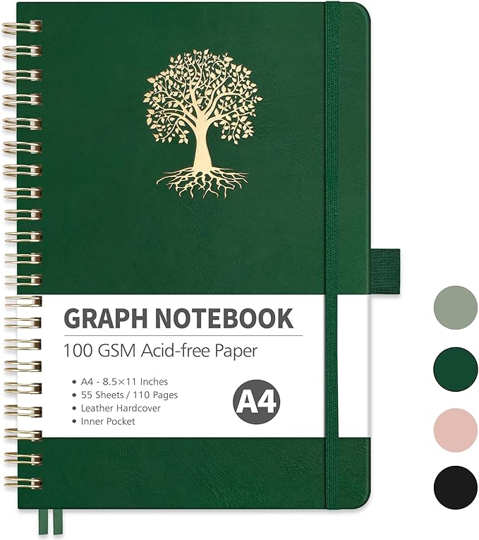 RETTACY Graph Grid Paper Notebook, 110 Pages, A4 Large Size (8.5'' × 11''), 5 Squares per Inch, Leather Hardcover, 100 GSM Thick Paper, for School, Students, Math, Engineering (Dark Green)