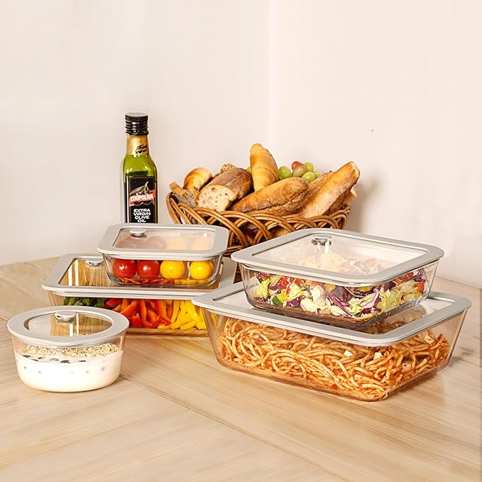 Glass Food Containers with Glass Lid, Microwave Safe Food Storage Container, Large 4 Pack Round Shape, Food Containers with Lids, Meal Prep containers with Leak Proof Lid.