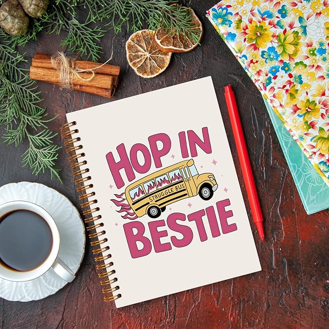 JXREQ Funny Mental Health Notebook, Mental Health Therapist Gifts Journal Notebook, Anti Anxiety Gifts Journal for Women, Struggle Bus Hop in Bestie Spiral Notebooks 5.5x8.3