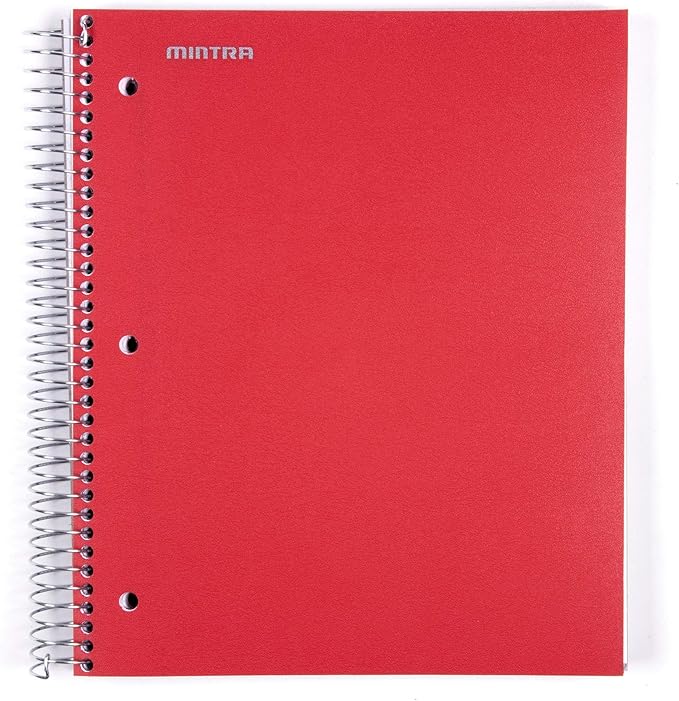 Mintra Office Durable Spiral Notebooks, 5 Subject (Red, Wide Ruled 1pk)