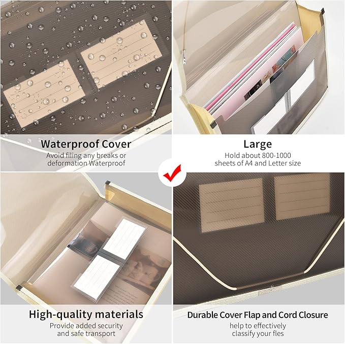 Expanding File Folder Document Organizer r with Flap and Cord Closure, Waterproof Transparent Document Bag, 2.8" Expansion, Letter A4 Expandable File Folder for Home School Office Organization,5 Pack