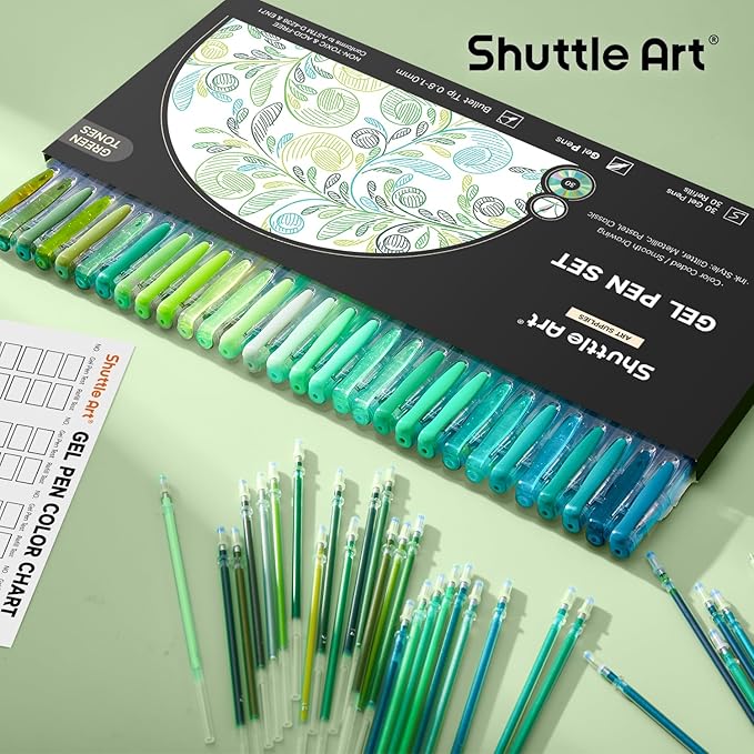 Shuttle Art 60 Pack Green Tone Gel Pens, 30 Green Tone Gel Pens with 30 Refills for Adults Coloring Books Journaling Drawing Nature, Landscapes, Animals Scenes