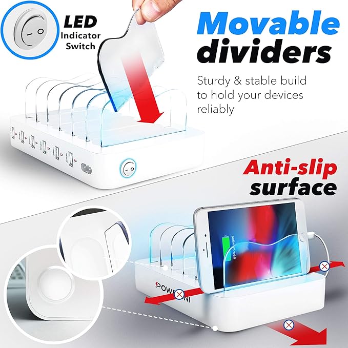 USB Charging Dock - 6-Port Universal Charging Station for Multiple Devices - Multi Device Charger Station - Compatible with Apple, iPad, iPhone, and Android Cell Phones and Tablets