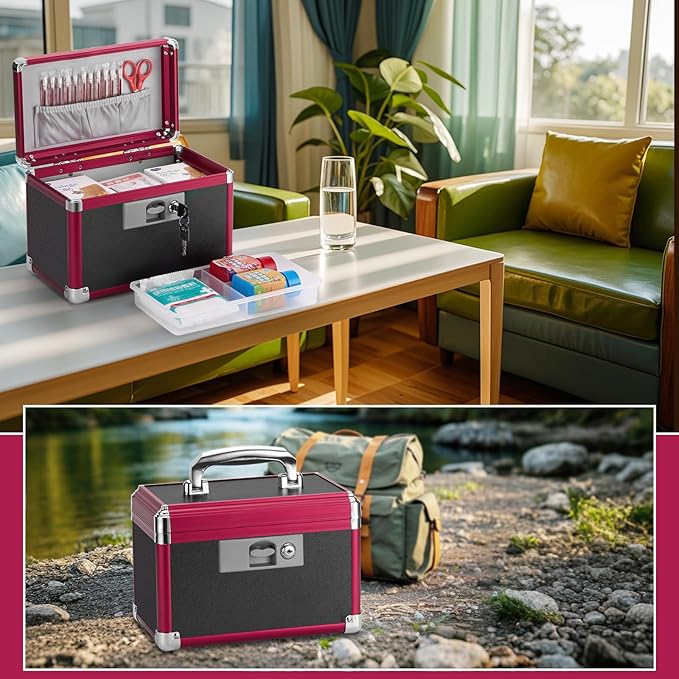 Medicine Lock Box for Safe Medication - 10 x 6 x 6.7 Inches - Lockable Storage Box for Drugs, First Aid Kit Empty, Lock Boxes with Key for Home/Outdoor (Black & Red/Small)