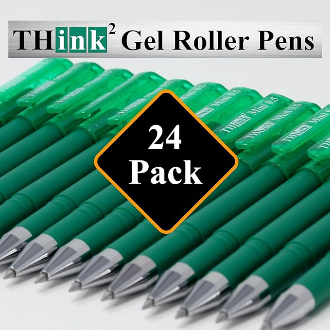THINK2MASTER [24 Pens - Green Ink Think2 0.5mm Pocketable Mini Gel Pens. (24 Green) Fine Point Small Rollerball Pens with Smooth Quick Drying Ink.